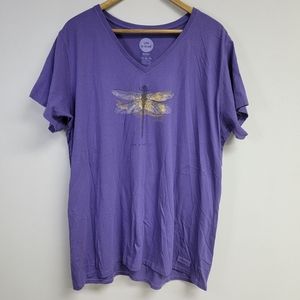Life Is Good Womens Purple Top Sz XXL Short Sleeve V-Neck Dragonfly Classic Fit
